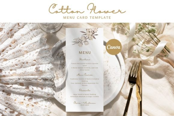 Cotton Flower Wedding Canva Menu Card Template