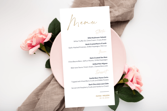 Minimalist Gold Custom Wedding Menu Canva Template