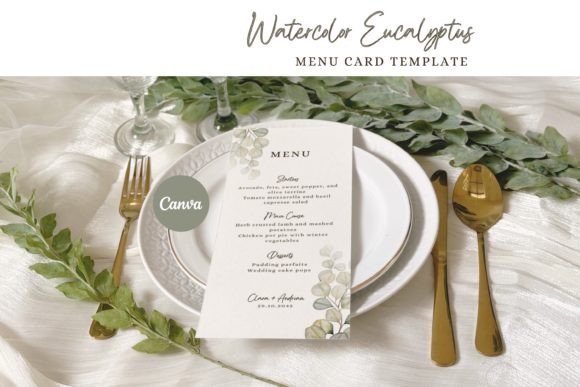 Watercolor Eucalyptus Wedding Menu Card Canva Template