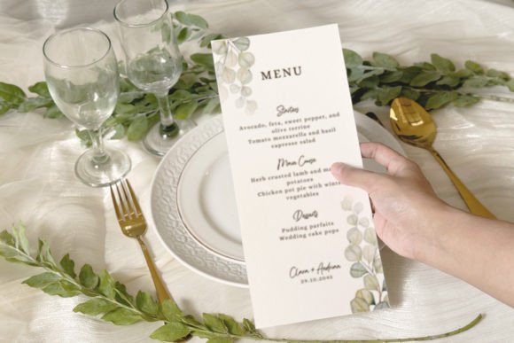 Watercolor Eucalyptus Wedding Menu Card Canva Template